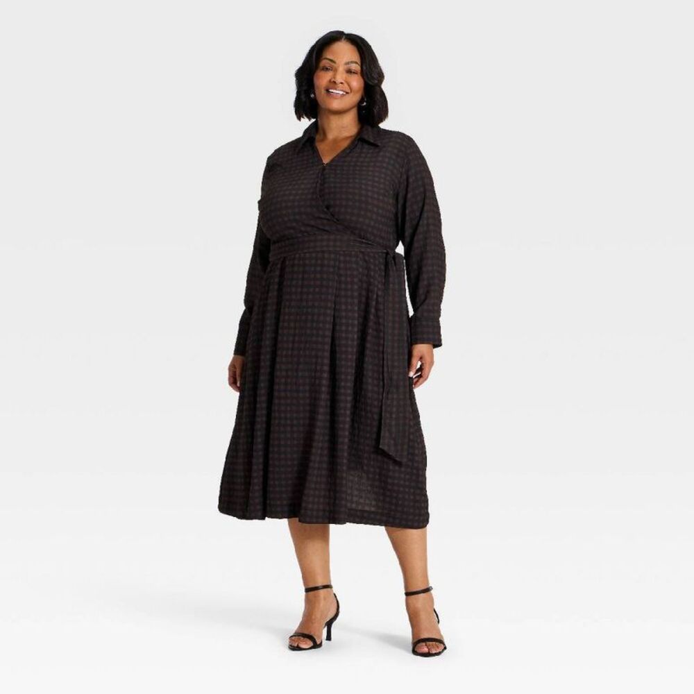 Women's Long Sleeve Tie-Waist Midi Dress - A New Day Brown Gingham 2X